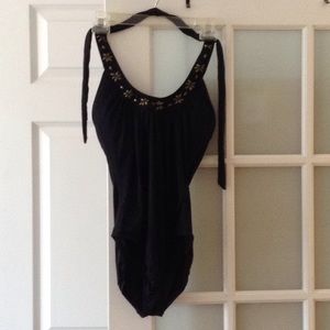 Annie Cole Black Backless Swimsuit With Gold Studs
